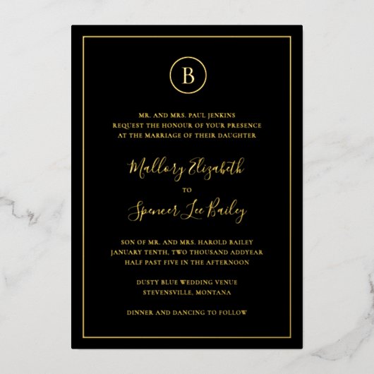 Traditionele zwarte elegante bruiloft folie uitnodiging (Voorkant)