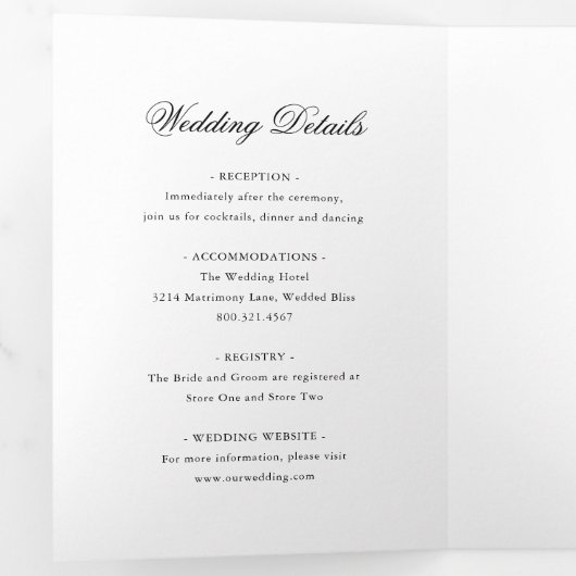 Traditionele zwarte en witte klassieke vorm drieluik uitnodiging (Binnenzijde eerst)