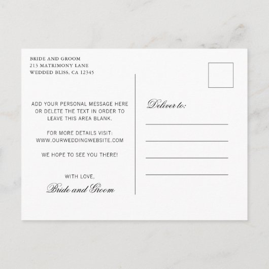 Traditionele zwarte en witte trouwkaart 'Save the Aankondigingskaart (Achterkant)