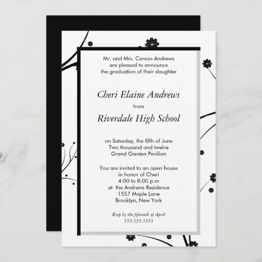 Traditionele zwarte florale afstuderen-uitnodiging kaart (Voorkant / Achterkant)