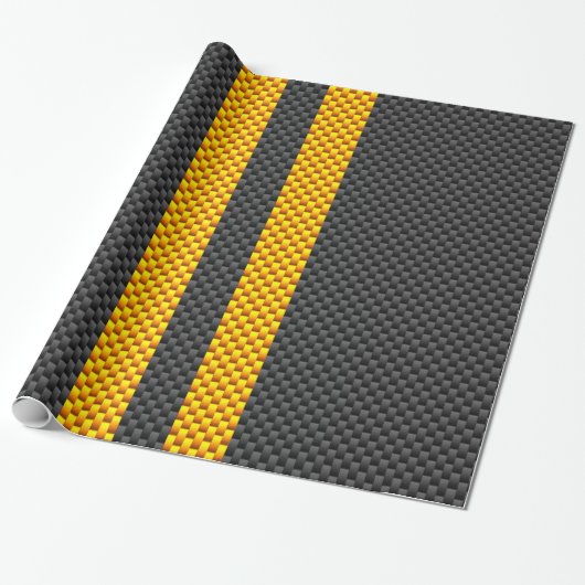 Traffic Yellow Racing Stripes Carbon Fiber Style Cadeaupapier (Uitgerold)