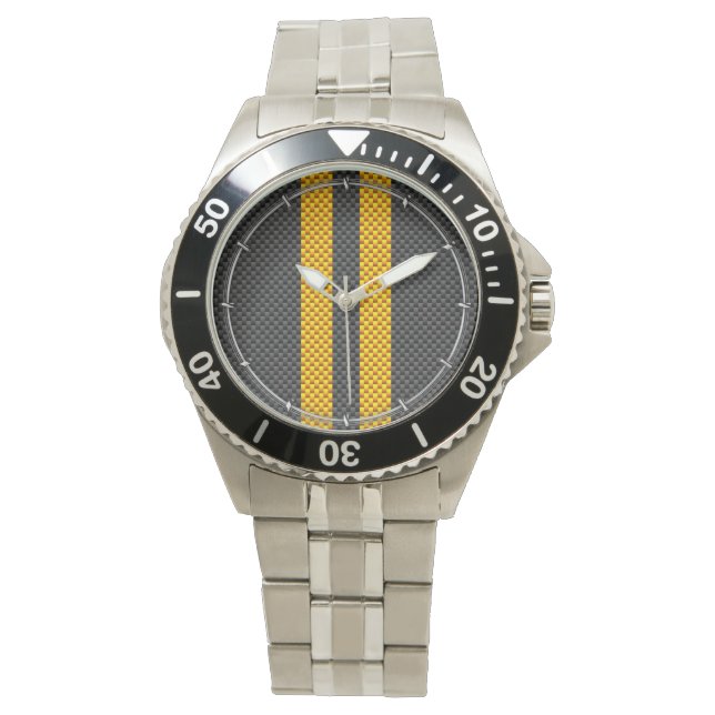 Traffic Yellow Racing Stripes Carbon Fiber Style Horloge (Voorkant)
