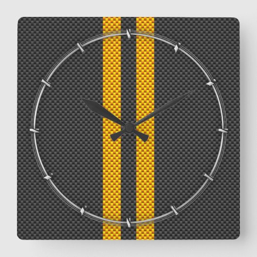 Traffic Yellow Racing Stripes Carbon Fiber Style Vierkante Klok (Voorkant)