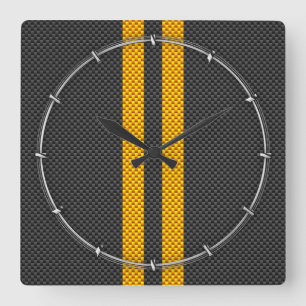 Traffic Yellow Racing Stripes Carbon Fiber Style Vierkante Klok