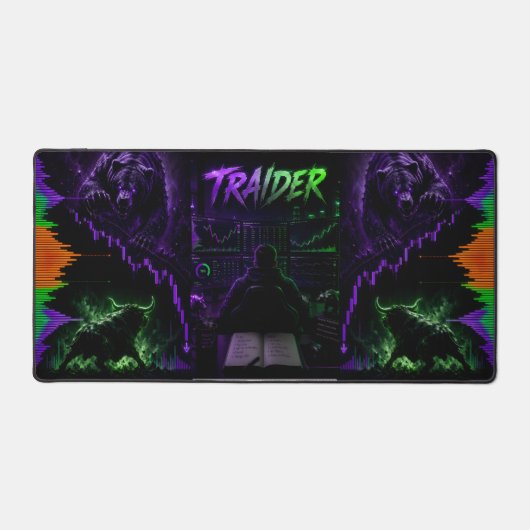 traider, trading, cyberpunk, gaming, neon, kussen, bureaumat (Voorkant)