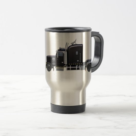 Trailer voor zwarte semitractor in zijprofiel reisbeker (Voorkant rechts)