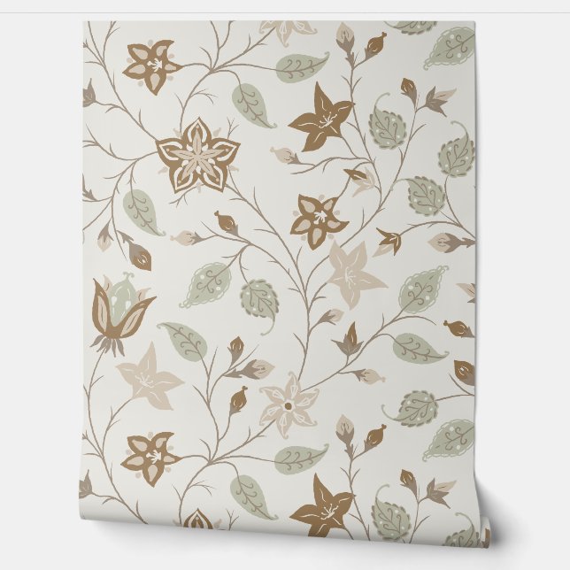 Trailing Floral - Paisley - Beige And Sage Green Behang (Afrollen)
