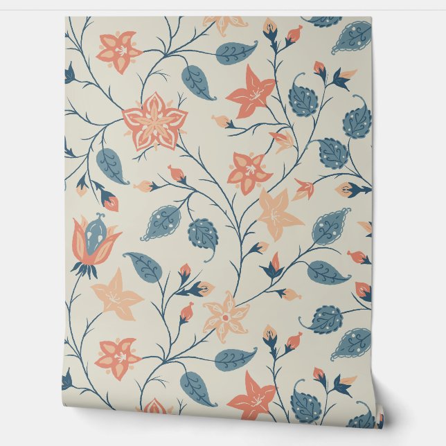 Trailing Floral - Paisley - Peach And Dusty Blue Behang (Afrollen)