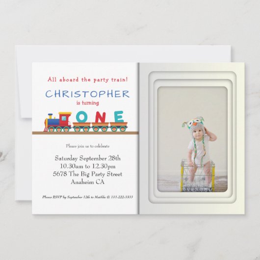 Train 1st Birthday Party Invitation Photo Template Kaart (Voorkant)