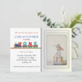 Train 1st Birthday Party Invitation Photo Template Kaart (Staand voorkant)