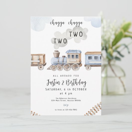 Train 2e verjaardag Chugga 2 Boy Uitnodiging (Staand voorkant)