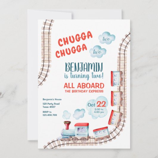 Train 2e verjaardag Noite Boy Chugga Two Party Kaart (Voorkant)
