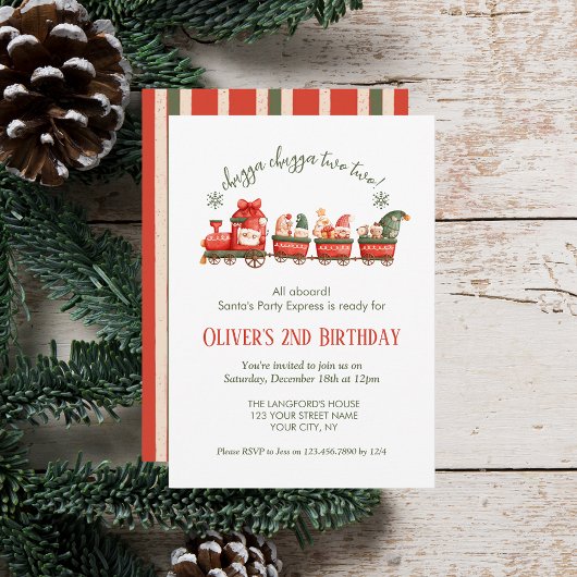 Train 2nd Birthday Watercolor Santa Party Express Kaart