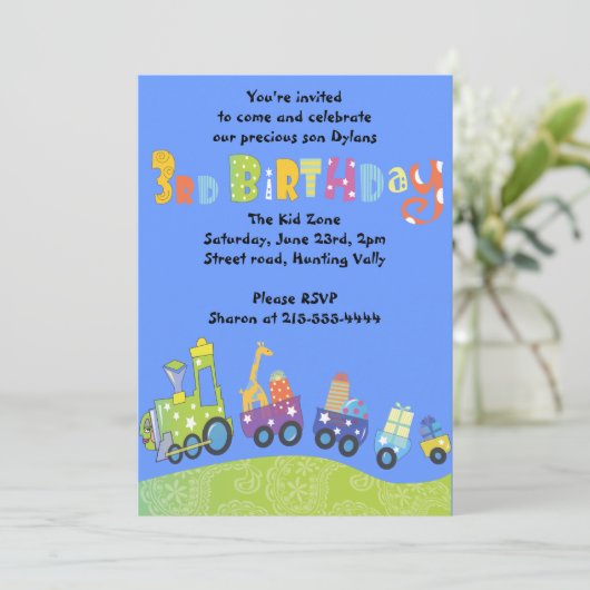 Train 3rd Birthday Happy derde uitnodiging (Staand voorkant)