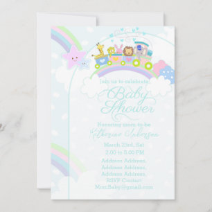 Train Animals Pastel Blue Baby Shower Feestdagenkaart