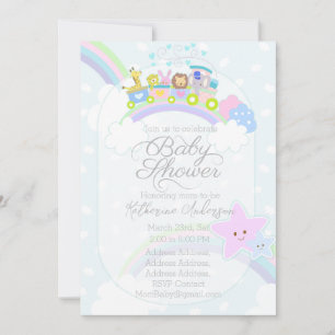 Train Animals Pastel Blue Baby Shower Feestdagenkaart