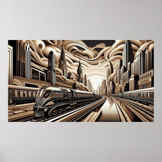Train Art Deco Style gold copper black white Poster (Voorkant)