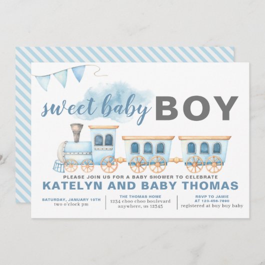 Train Baby shower Invitation Boy Transportation Kaart (Voorkant / Achterkant)
