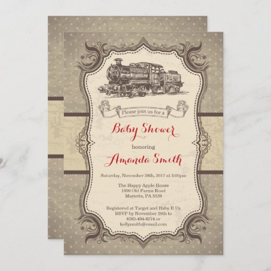 Train Baby shower Invitation Retro Kaart (Voorkant / Achterkant)