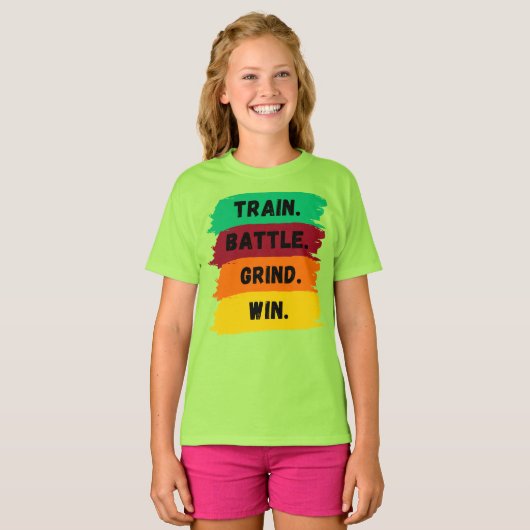 Train, Battle, Grind, Win motivatie slogan T-shirt (Voorkant volledig)