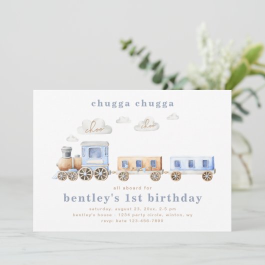 Train Birthday Invitation | Blauwe trein Kaart (Staand voorkant)