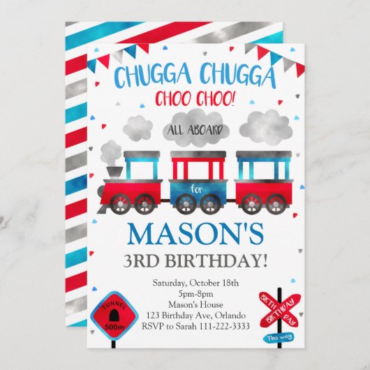 Train Birthday Invitation, Train Invite Kaart (Voorkant / Achterkant)