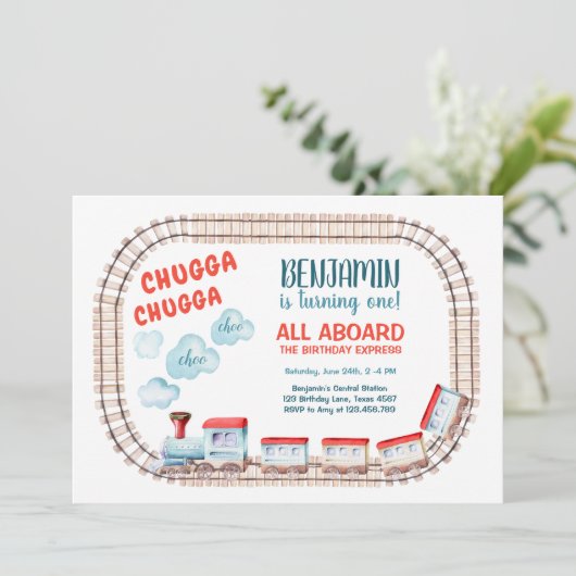 Train Birthday Invite Boy Chugga Choo Train Party Kaart (Staand voorkant)