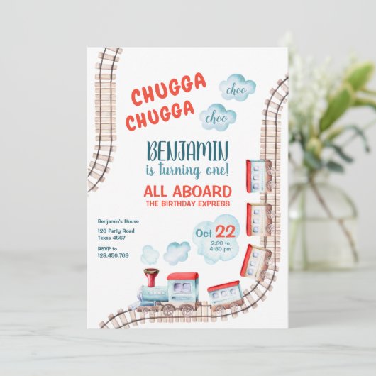 Train Birthday Invite Boy Chugga Choo Train Party Kaart (Staand voorkant)