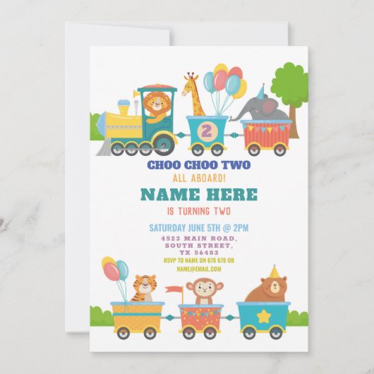 Train Birthday Party Choo Two Animal Invitation Kaart (Voorkant)