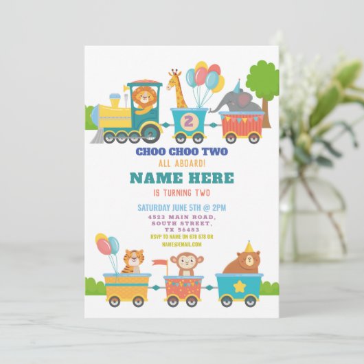 Train Birthday Party Choo Two Animal Invitation Kaart (Staand voorkant)