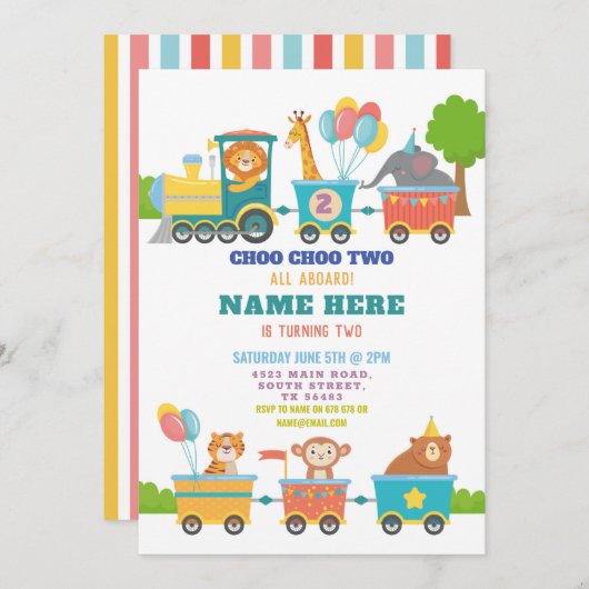 Train Birthday Party Choo Two Animal Invitation Kaart (Voorkant / Achterkant)