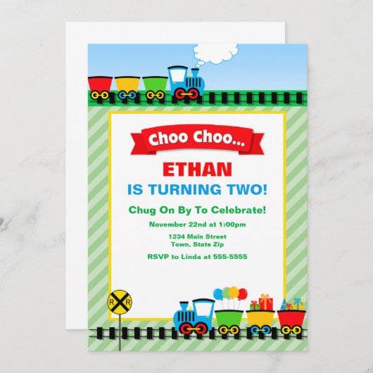 Train Birthday Party Invitation Choo Choo Kaart (Voorkant / Achterkant)