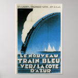 Train Bleu Cote D'Azur Frans Deco Travel Poster<br><div class="desc">Reproductie van oud poster voor "Le Nourveau Train Bleu Vers La Cote D'Azur." Circa 1928,  geweldige Art Deco-stijl in blauwen,  zwart en wit.</div>