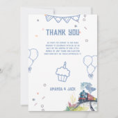 Train Blue Balloons Boy Whimsical Baby shower Bedankkaart (Voorkant)