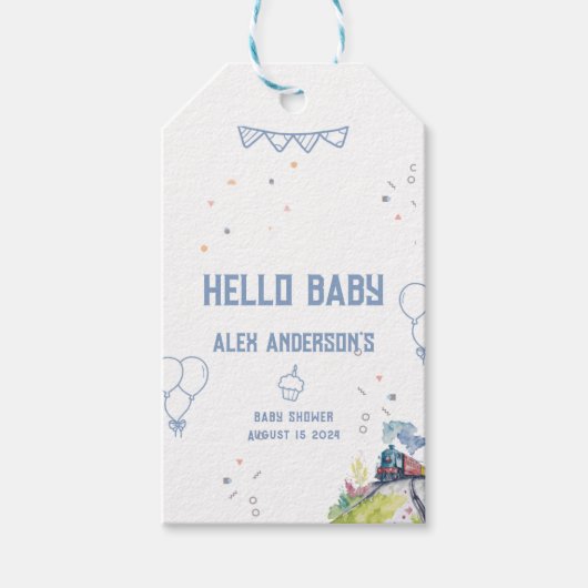 Train Blue Balloons Boy Whimsical Baby shower Cadeaulabel (Voorkant)