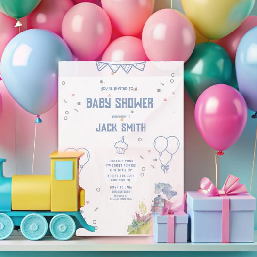 Train Blue Balloons Boy Whimsical Baby shower Kaart