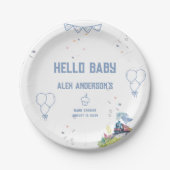 Train Blue Balloons Boy Whimsical Baby shower Papieren Bordje (Voorkant)