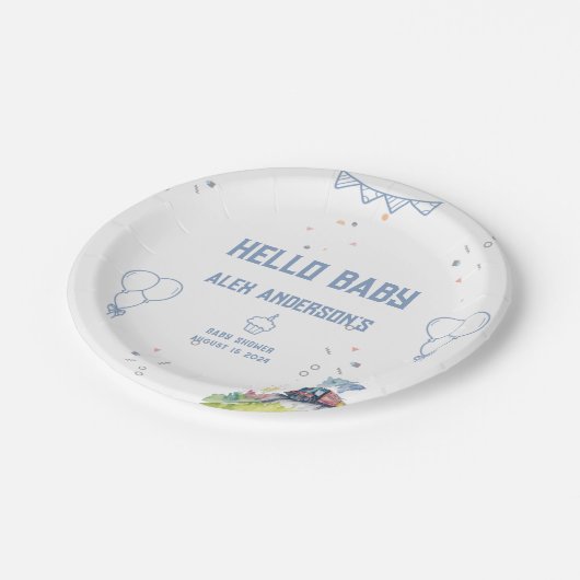 Train Blue Balloons Boy Whimsical Baby shower Papieren Bordje (Gekanteld)