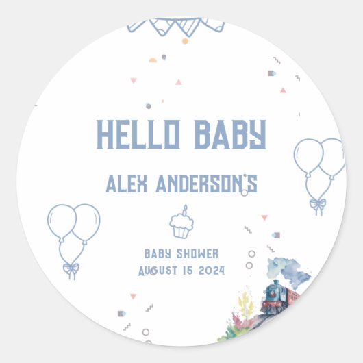 Train Blue Balloons Boy Whimsical Baby shower Ronde Sticker (Voorkant)