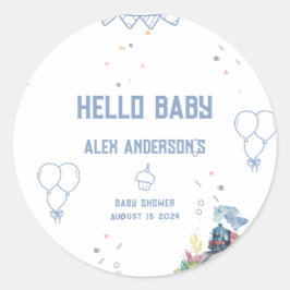 Train Blue Balloons Boy Whimsical Baby shower Ronde Sticker
