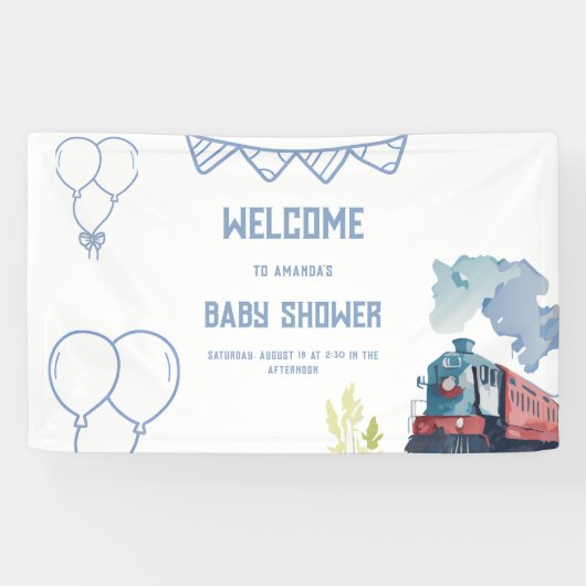 Train Blue Balloons Boy Whimsical Baby shower Spandoek (Horizontaal)