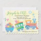 Train Caboose Yellow Green First Birthday Kaart (Voorkant)