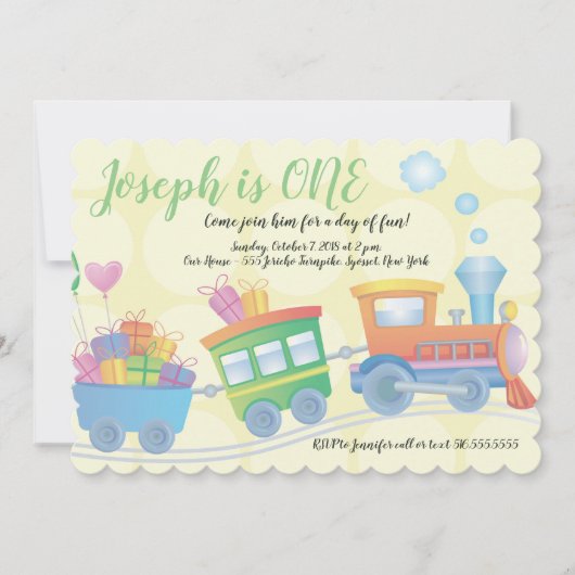 Train Caboose Yellow Green First Birthday Kaart (Voorkant)