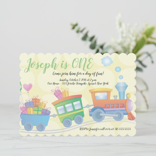 Train Caboose Yellow Green First Birthday Kaart (Staand voorkant)