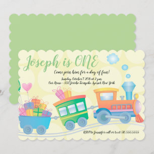 Train Caboose Yellow Green First Birthday Kaart