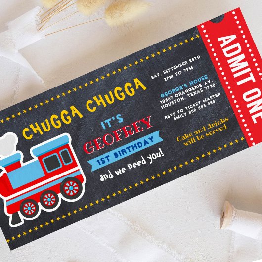 Train Chalkboard boarding Ticket Pass Birthday Kaart