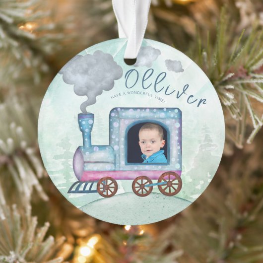Train Choo Choo All aboard Verjaardagsfoto Ornament (Boom)
