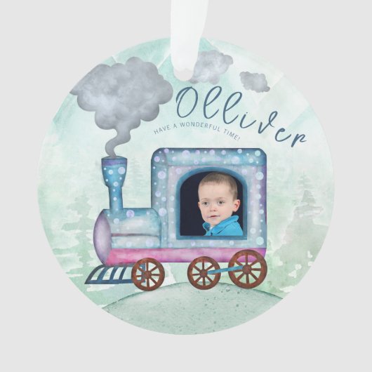 Train Choo Choo All aboard Verjaardagsfoto Ornament (voorkant)