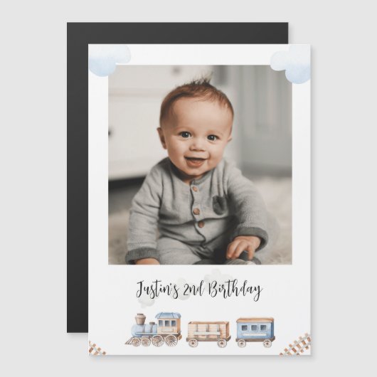 Train Chugga Two Photo Birthday Greeting Magnetische Uitnodiging (Voorkant / Achterkant)