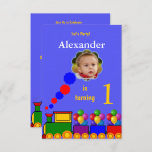 Train en ballonnen 1e verjaardag fotouitnodiging kaart
